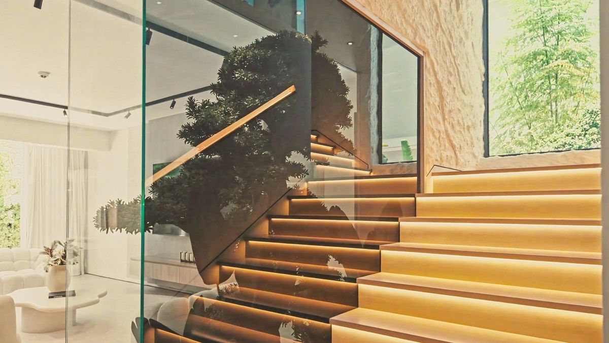 Staircase behind a glass wall