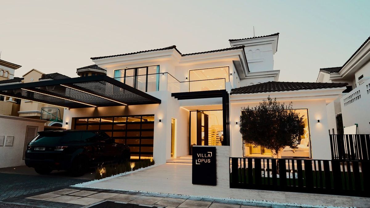 Villa exterior at dusk